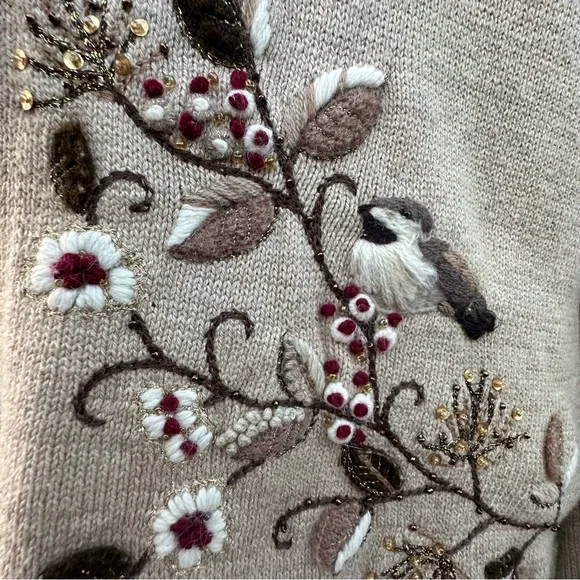 Coldwater Creek Beige Cardigan Floral Embroidery Cottagecore Cabincore.  Sz L - Picture 5 of 16